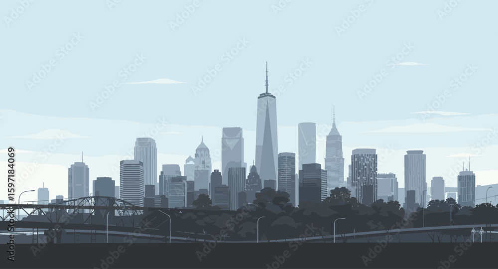 Fototapeta premium Modern city skyline with skyscrapers and bridge under a hazy sky