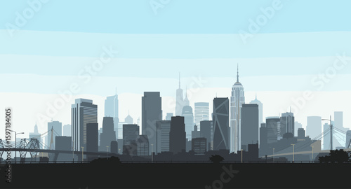 Iconic City skyline with bridges and skyscrapers under a clear sky