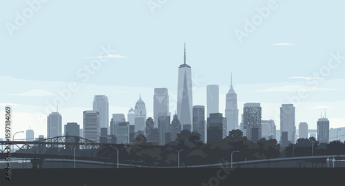 Modern city skyline with skyscrapers and bridge under a hazy sky