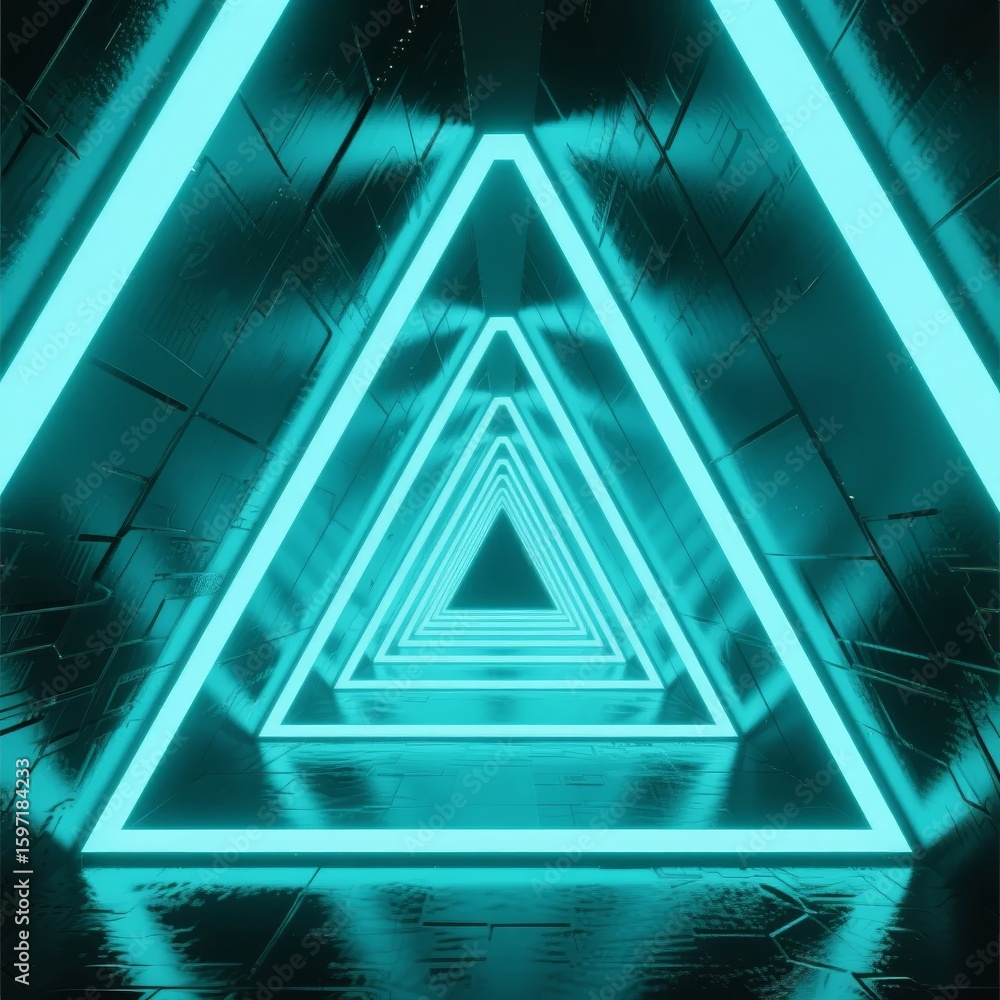 Obraz premium Infinite Triangular Tunnel with Neon Blue Lighting