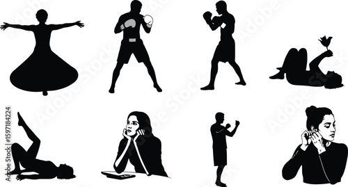 Vector art of a collection of silhouette figures shows people in various actions, including dancing, boxing, lying down with a flower, thinking, and listening to music