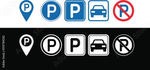 Parking icons showcase designated spots and restrictions for vehicles in a vector format.