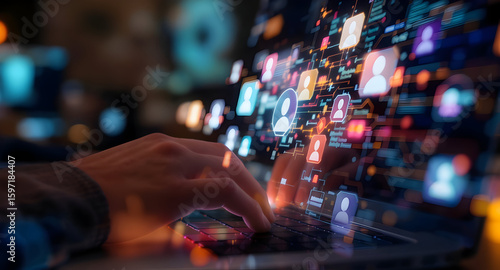 Person using laptop with social media interface