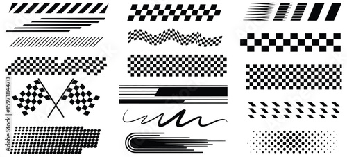 Racing stripe vector set, race car graphics, checkered flag designs, dynamic lines, racing stripe speed elements, decal patterns, competition themes, and black and white finish line motorsport visuals