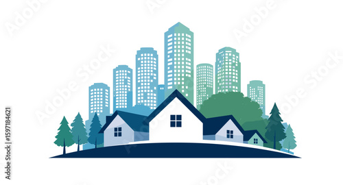 Modern city skyline with suburban homes and trees, representing urban development and residential life.