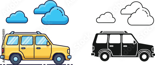 Cartoon suv car vector illustration with clouds yellow and black and white car design element art 100