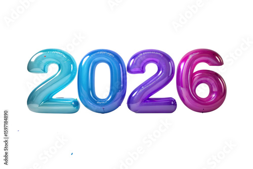Shiny blue and purple balloons forming the year 2026 isolated on transparent background