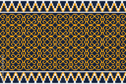 Striking seamless pixel art pattern showcasing intricate gold geometric motifs with bold ornamental borders on deep navy background. Ideal for textiles, crafts, wrapping paper, and digital prints.