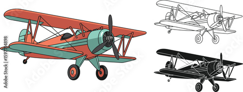 Vintage biplane airplane vector illustration for kids coloring book page and design elements clip art
