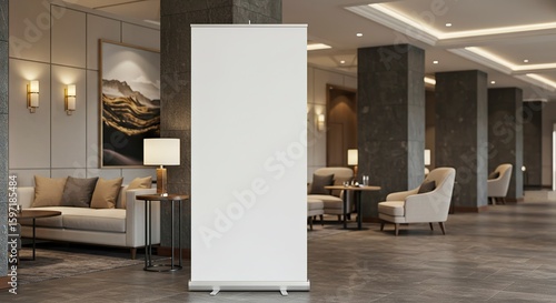 A blank white retractable banner stands prominently in a hotel lobby