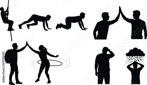 Vector art of silhouettes of people engaged in various activities and emotions, 