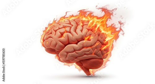 A brain engulfed in flames against a white background