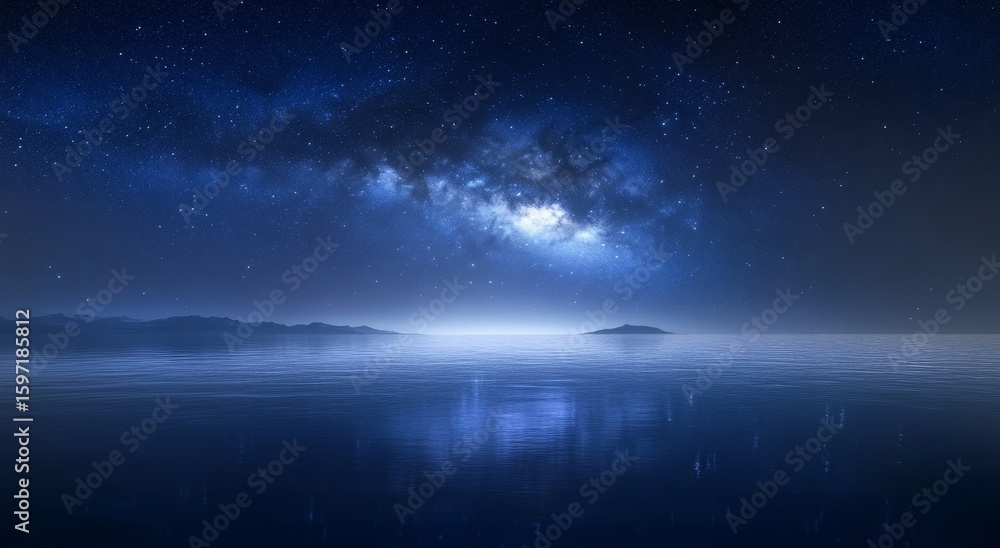 Fototapeta premium Starry Night Over Calm Waters with Distant Islands