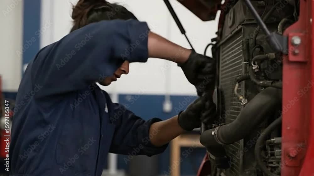A mechanic in blue overalls repairs a red truck engine with a wrench wearing black gloves A mechanic in blue overalls repairs a red truck engine with a wrench wearing black gloves