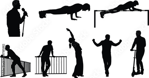 Vector art of silhouettes of people engaged in various activities, including speaking, exercising, and celebrating success