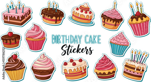 Birthday cake stickers cute dessert stickers party stickers celebration stickers sweet stickers vector cakes