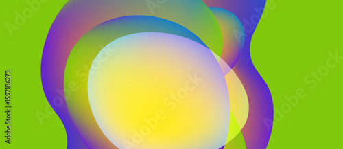 Abstract vibrant shapes overlap. Yellow center radiates outward, surrounded by purple, blue, green hues. Modern design element.