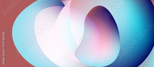 Abstract shapes overlap, creating soft gradients. Colors blendblues, pinks, whitesover reddish background. Minimalist design evokes fluidity, movement.