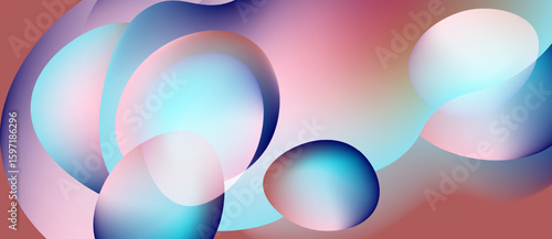 Abstract composition featuring overlapping translucent circles. Soft gradients blend pinks, blues, whites creating ethereal effect. Minimalist design.