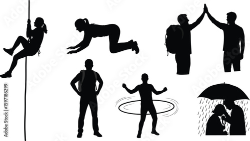 Vector art of silhouettes of people engaged in diverse activities, such as climbing, exercising, celebrating, and sharing moments under an umbrella