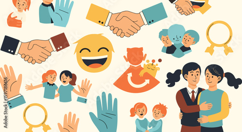 International Friendship Day 2025: Friendship and Relationship Icon Set. Diverse symbols representing various social interactions, emotions, and connections.