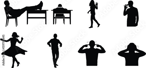 Vector art of silhouettes of people in various activities, including sitting, walking, dancing, talking, and expressing stress