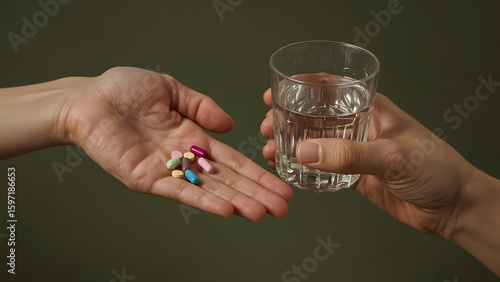 Wallpaper Mural Close-up of hands offering pills and a glass of water, suggesting medication or health treatment. Torontodigital.ca