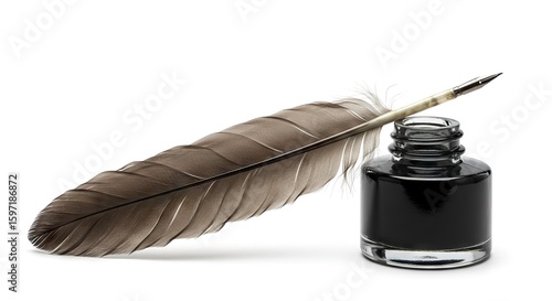 A grey quill pen rests against an inkwell filled with black ink on a white surface