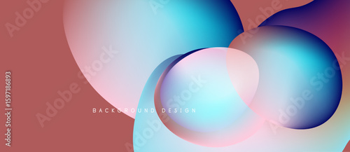 Abstract fluid shapes overlap, creating vibrant color gradients. Peach background complements blue, pink hues. Modern design element.