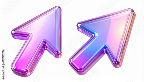 Two iridescent glass arrow cursors on white background pointer mouse cursor digital