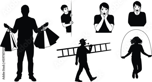 Vector art of silhouettes of a man with shopping bags, a peeking person, a chimney sweep with a ladder, and a person jumping rope 