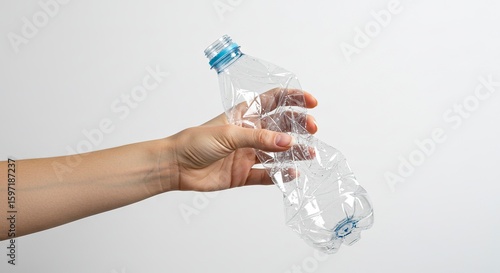 A hand holds a crumpled clear plastic bottle against a neutral background