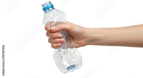 A hand squeezes a crumpled clear plastic bottle with a blue cap against a white background