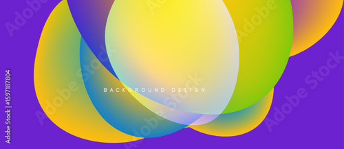 Abstract fluid shapes overlap, vibrant colors blend. Purple backdrop complements yellow, green, blue gradients. Text reads background design.
