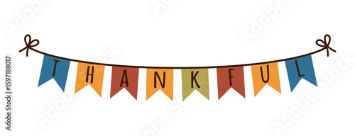 Autumn garland, vector icon. Colorful flags with congratulations hang on a string. Thankful, Thanksgiving decoration, fall party. Textile banner for seasonal celebration. Hand drawn holiday clipart