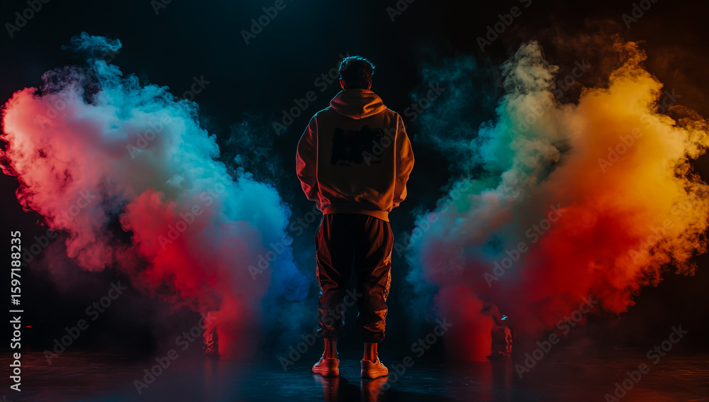 Fototapeta premium A man in a shirt stands confidently on stage, with vibrant, colorful smoke effects in the background.