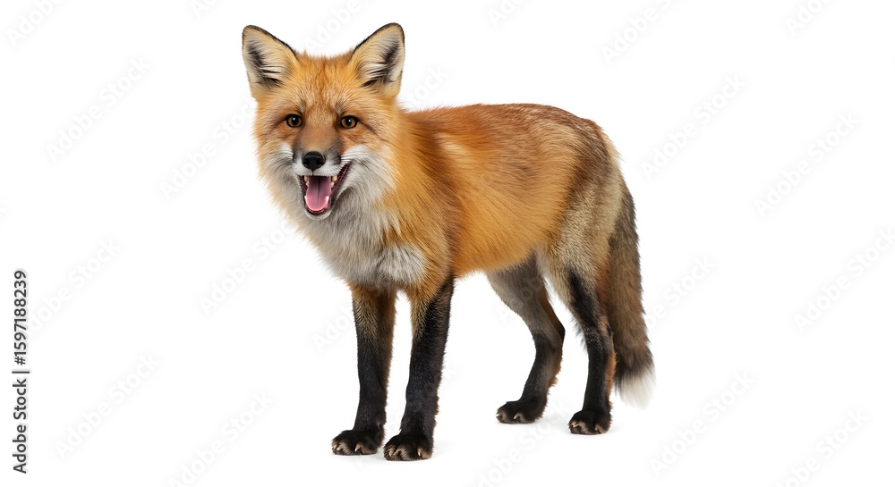 Fototapeta premium Red Fox with White Underside and Black Legs – Detailed Wildlife Photography on White Background