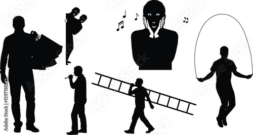 Vector art of silhouettes of people in various activities, including shopping, singing, carrying a ladder, and jumping rope