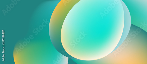 Abstract background features blurred circles, teal hues blend with gold tones. Soft gradients create calming visual effect.