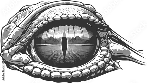 A close-up line art illustration of a crocodile or alligator's eye, with detailed scales.