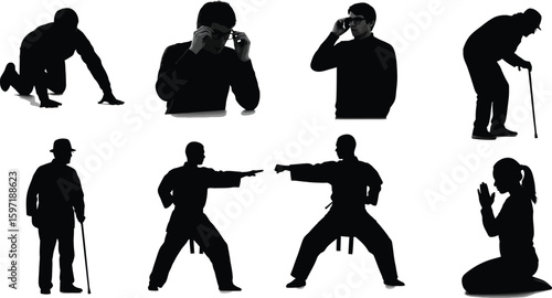 Vector art of silhouettes of people in various poses , including crawling, wearing glasses, practicing martial arts, and praying