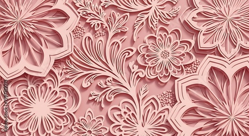Delicate floral pattern with intricate cut paper effect in a soft pink hue creates a sophisticated