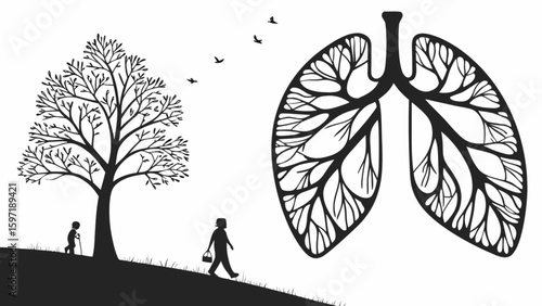 Healthy lungs illustration with tree and people walking for respiratory health and wellness concept