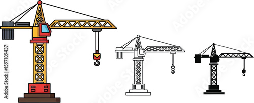 Construction crane vector illustration set tower cranes building industry equipment machinery lifting tools