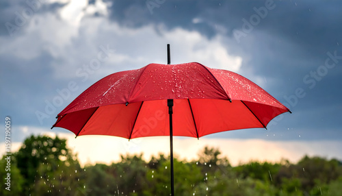 Vibrant red umbrella shielding from rain against a cloudy sky backdrop