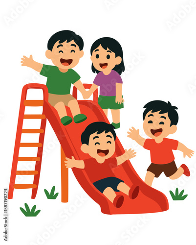 This illustration shows four young children happily playing at a playground. Two kids are at the top of a red slide, one child is sliding down with a joyful expression, and another child is waiting at