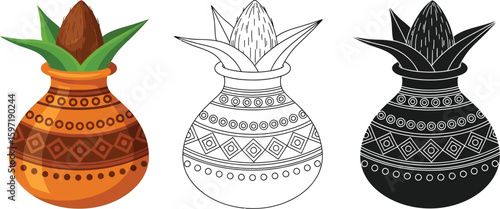 Kalash hindu traditional pot with coconut and leaves vector illustration design for puja and wedding 100