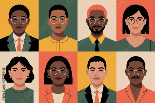  a grid of eight portraits, each featuring a different person with distinct facial features and skin tones. 