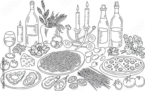 This detailed black and white line art illustration depicts a lavish Italian dinner table spread, brimming with various dishes and accompaniments. Elements include bottles of wine, candles, spaghetti,