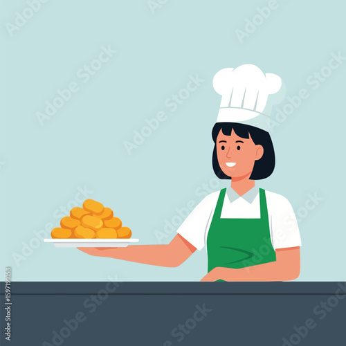 Woman Chef Holding Plate of Nuggets or Fried Food in Kitchen